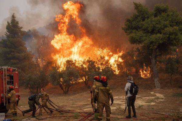 Firefighters and volunteers try to tackle a wildfire burning in the village of Hasia, near Athens, Greece